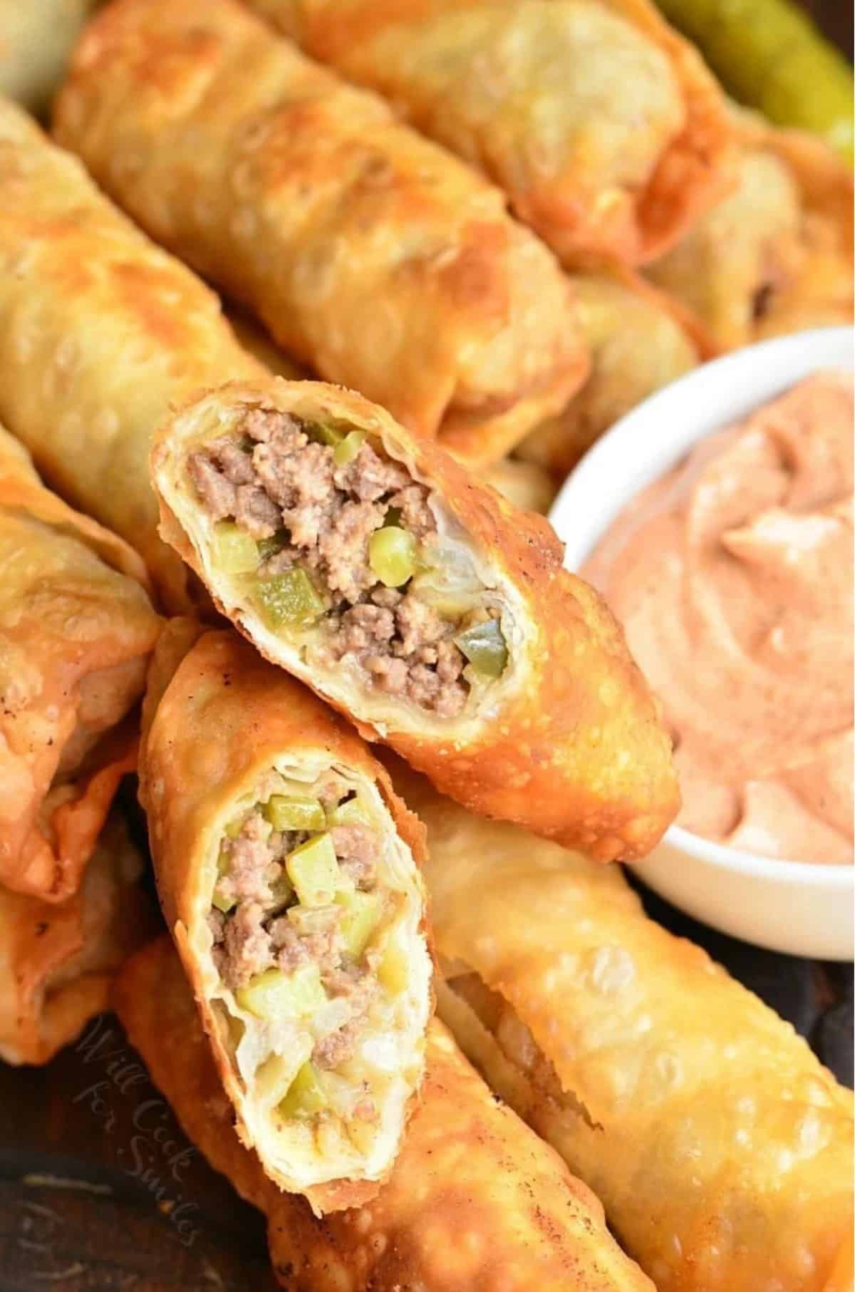 Cheeseburger Egg Rolls with dipping sauce
