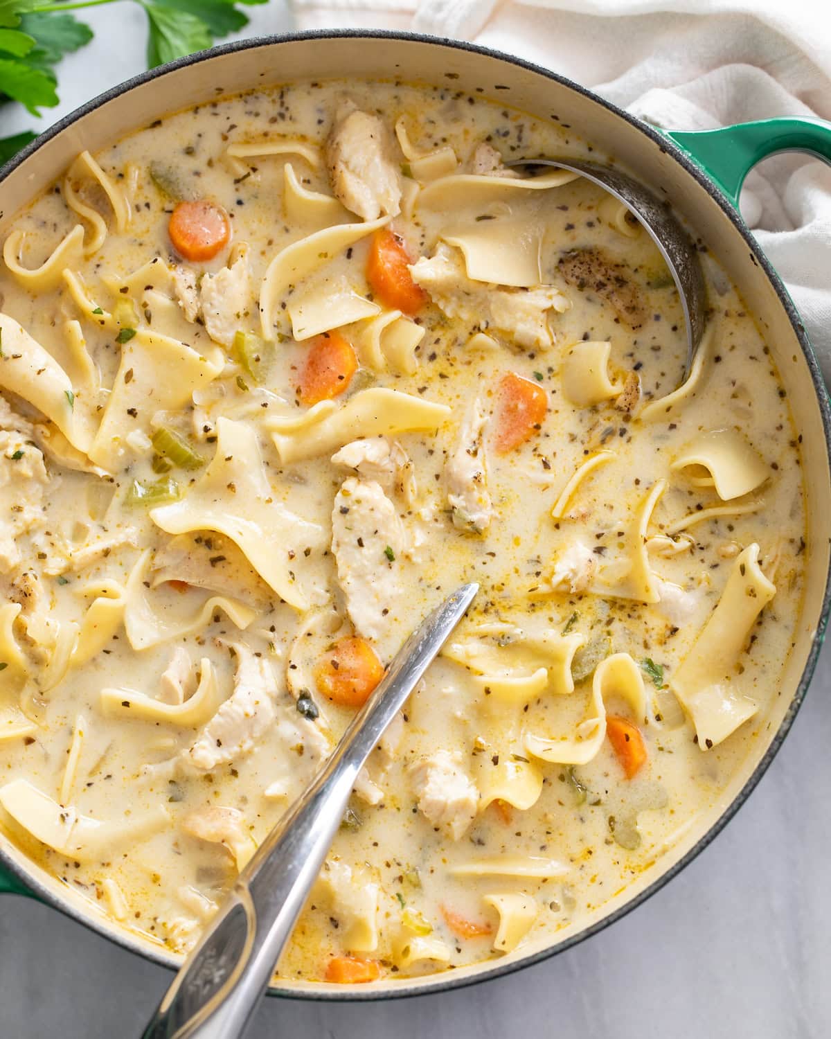 Cozy Creamy Chicken Noodle Soup in a bowl