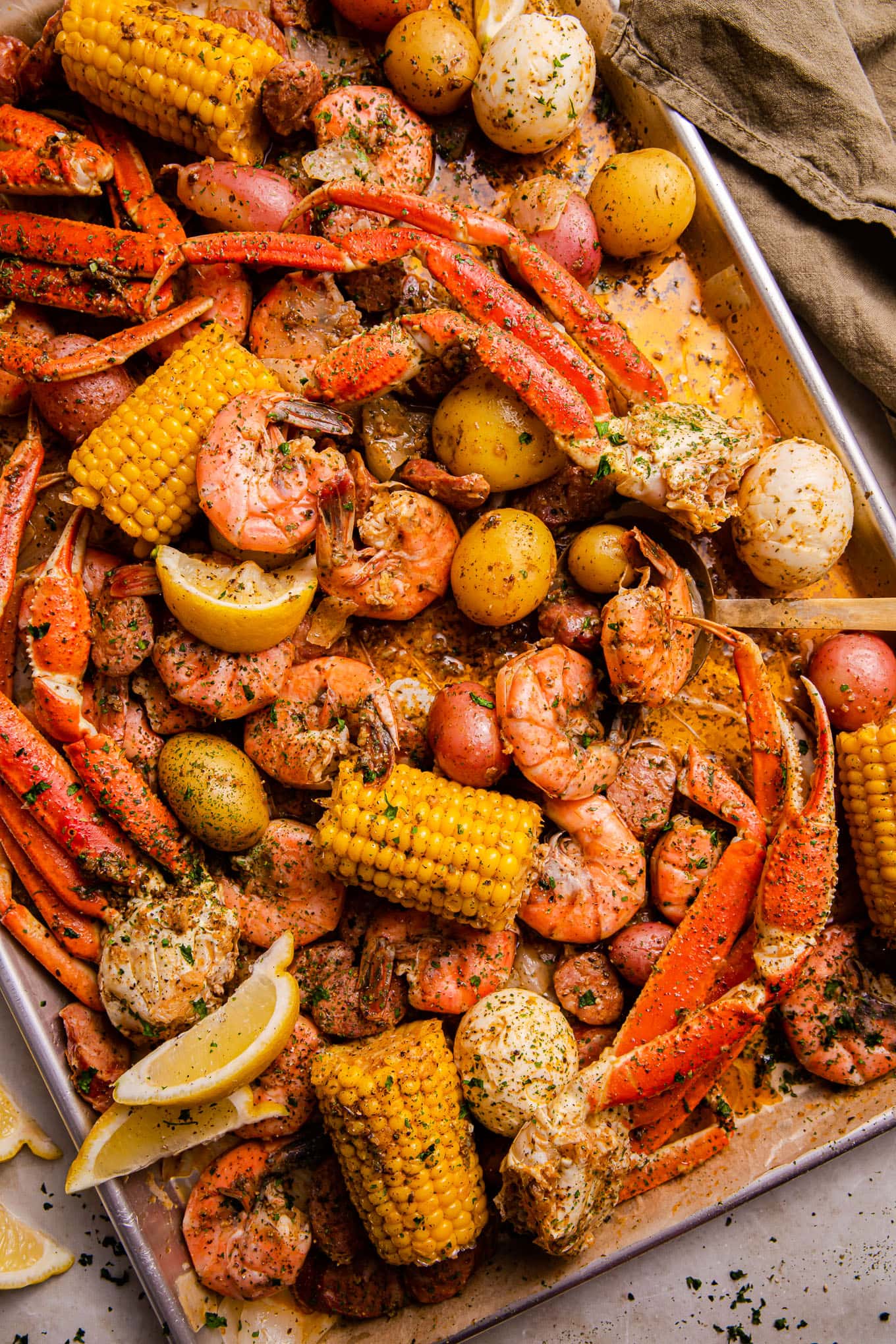 Delicious Cajun Garlic Seafood Boil with shrimp, crab, corn, and potatoes