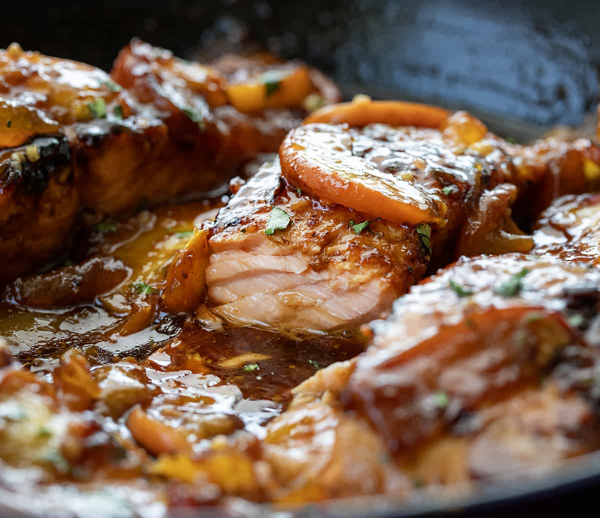 Bourbon Peach Roasted Salmon in a skillet