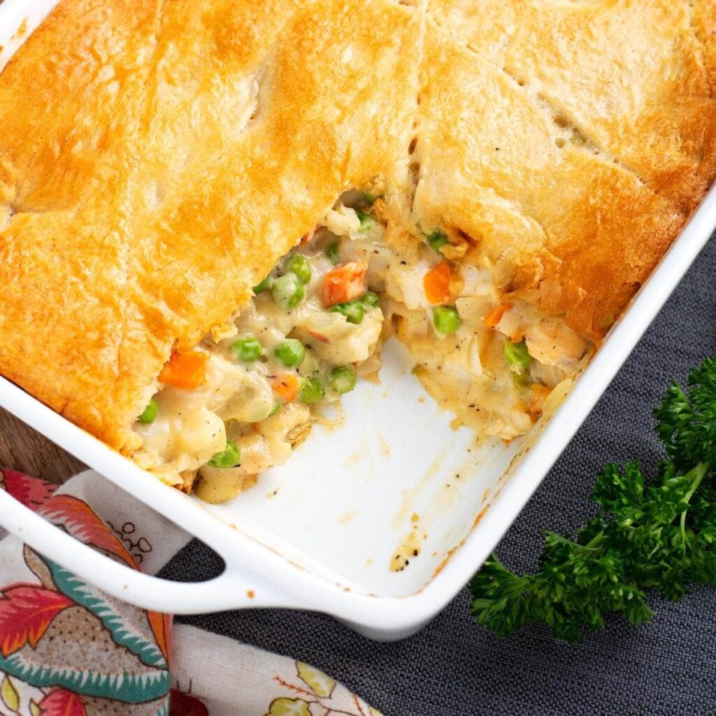 Warm Chicken Pot Pie Casserole with golden topping