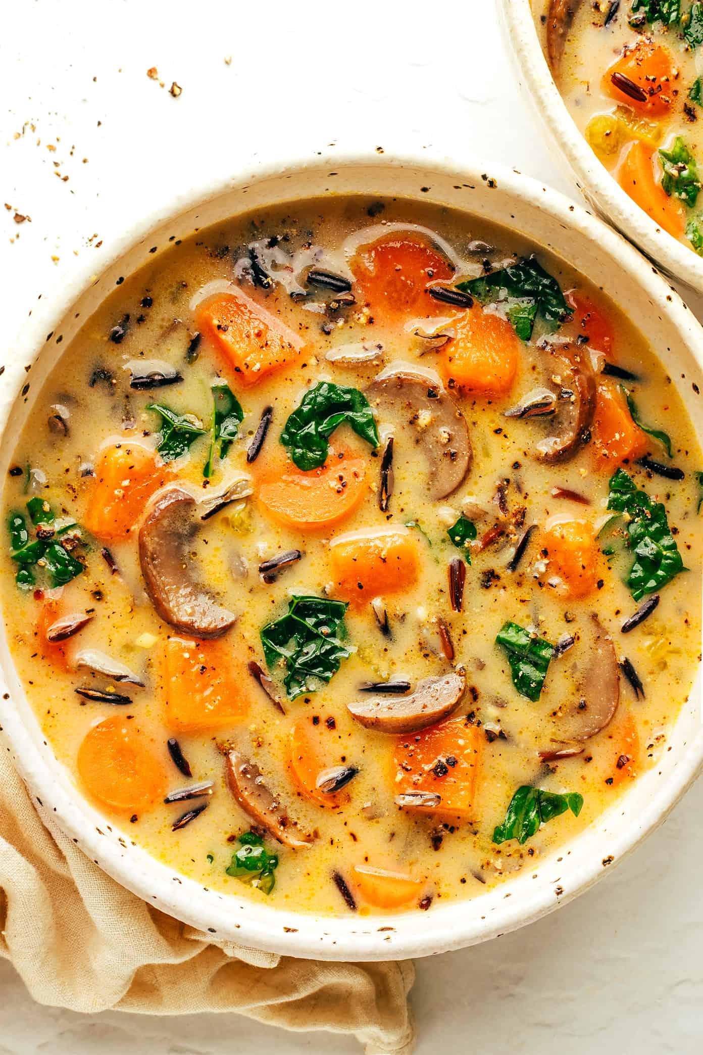 A bowl of Cozy Autumn Wild Rice Soup