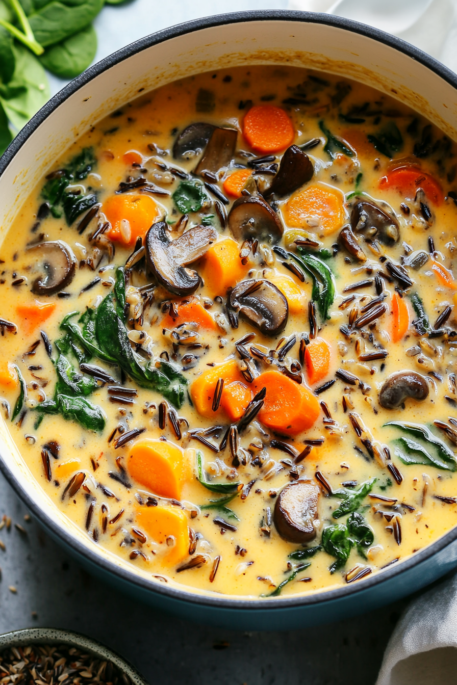 A close-up of Cozy Autumn Wild Rice Soup in a bowl