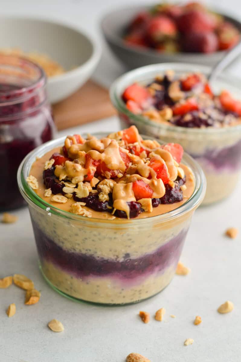 Close-up view of creamy Peanut Butter and Jam Overnight Oats