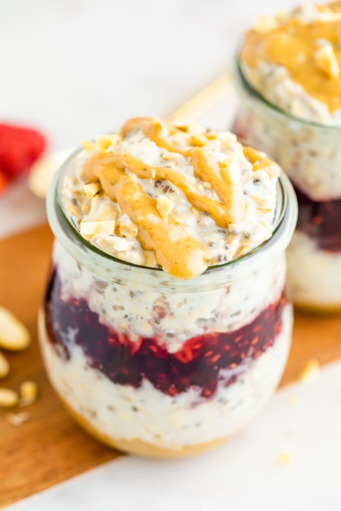 Delicious Peanut Butter and Jam Overnight Oats in a glass jar