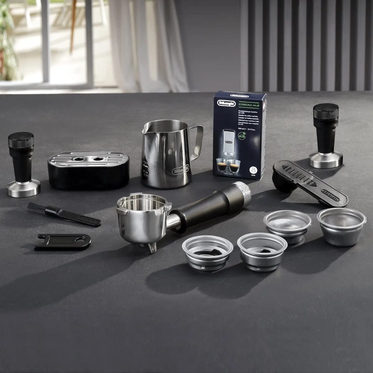 Close-up of De'Longhi Dedica Maestro Plus making espresso