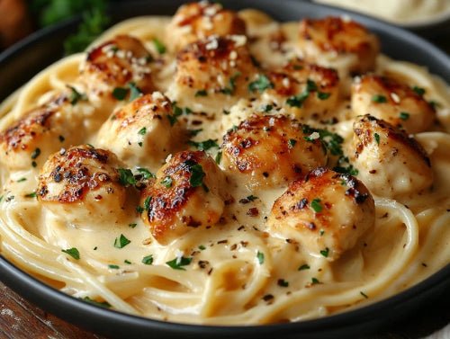 Garlic Butter Chicken Bites with Creamy Parmesan Pasta