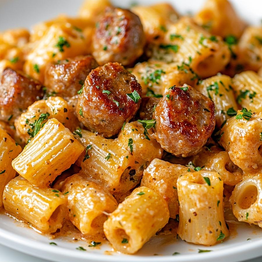 Garlic Butter Beef Sausage Bites with Creamy Parmesan Pasta